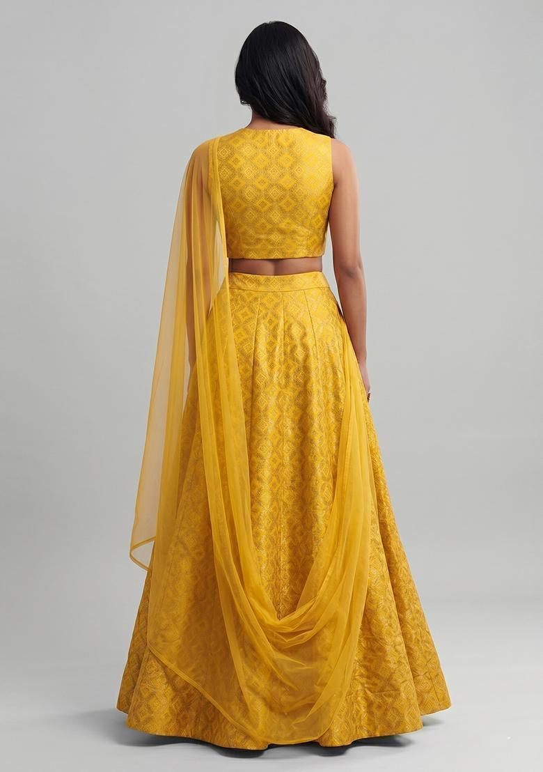 Mustard Embroidered Georgette Lehenga Set - Indya