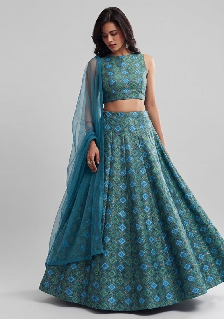 Teal Blue Embroidered Georgette Lehenga Set - Indya