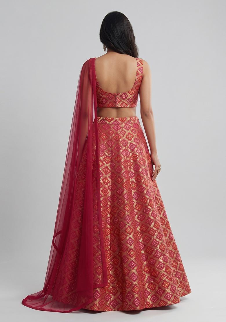 Red Embroidered Georgette Lehenga Set - Indya