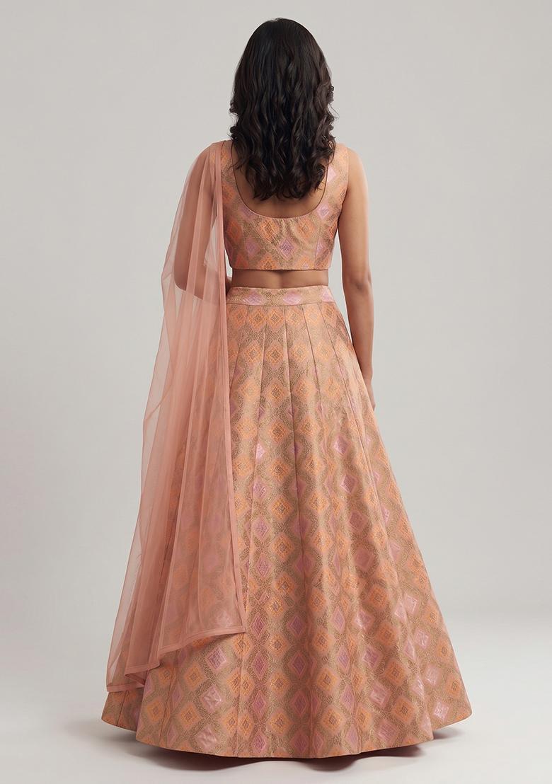 Peach Embroidered Georgette Lehenga Set - Indya