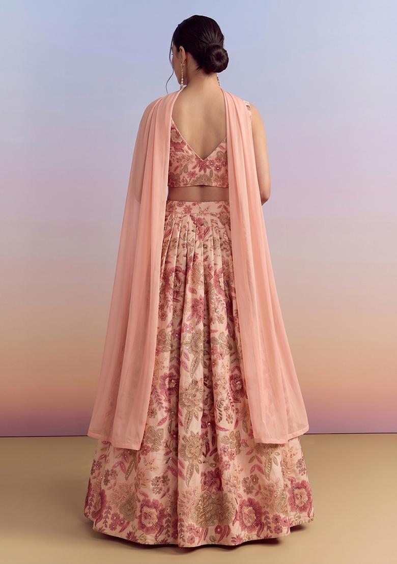 Peach Printed Silk Blend Lehenga Set - Indya