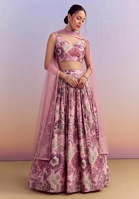 Dusty Pink Printed Silk Blend Lehenga Set