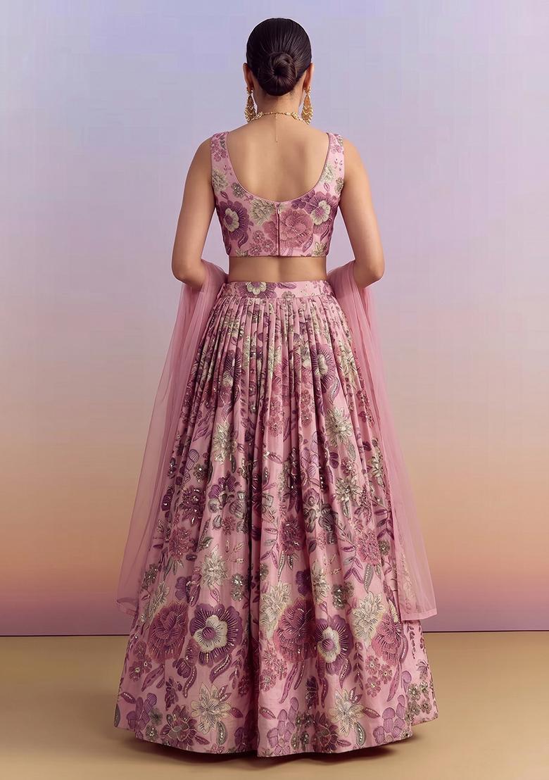 Dusty Pink Printed Silk Blend Lehenga Set - Indya