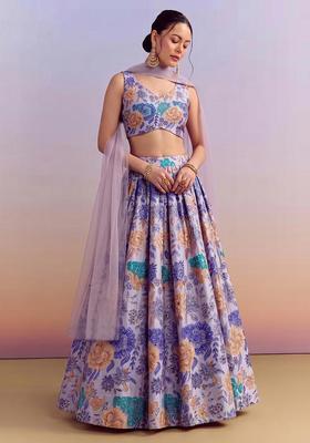 Lavender Printed Silk Blend Lehenga Set