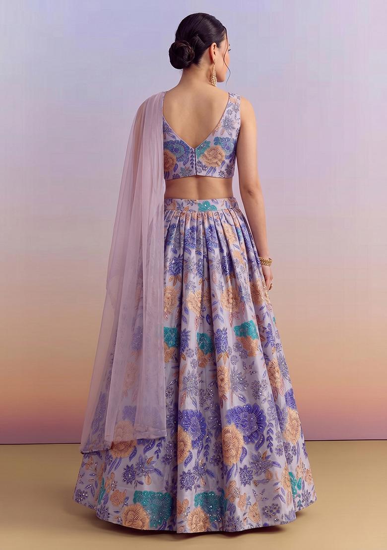 Lavender Printed Silk Blend Lehenga Set - Indya