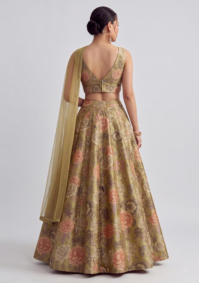 Olive Green Printed Silk Blend Lehenga Set - Indya