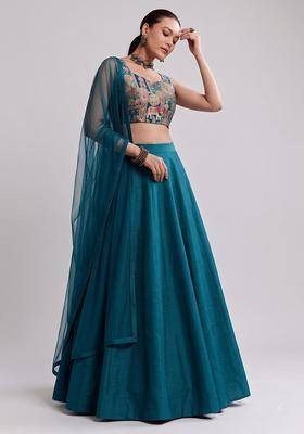 Teal Blue Silk Blend Lehenga Set
