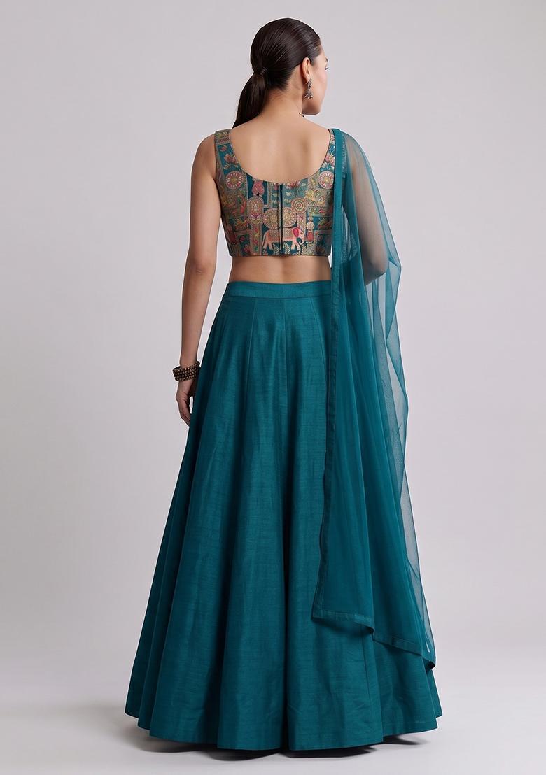 Teal Blue Silk Blend Lehenga Set - Indya