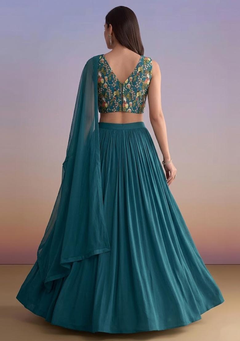 Teal Blue Printed Crepe Lehenga Set - Indya