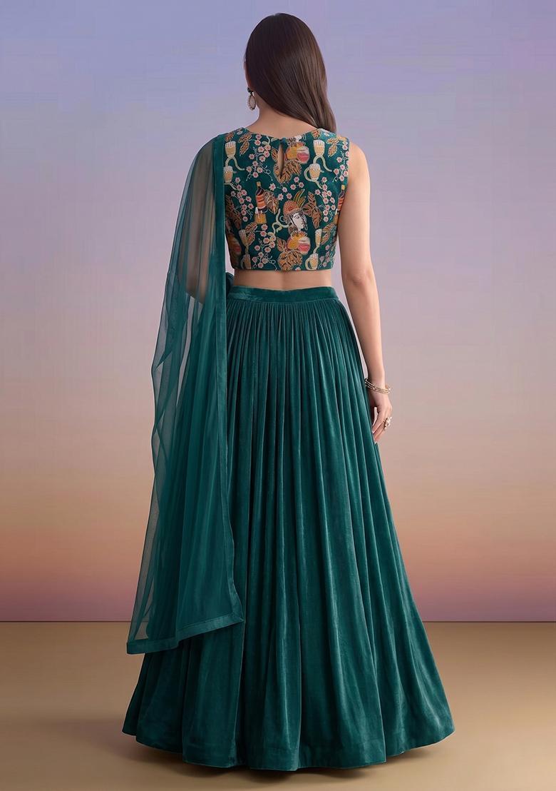 Teal Printed Crepe Lehenga Set - Indya