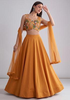 Mustard Printed Crepe Lehenga Set