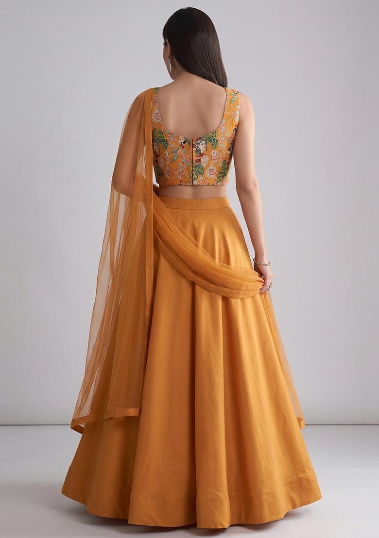 Mustard Printed Crepe Lehenga Set - Indya