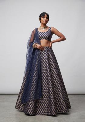 Navy Blue Silk Blend Lehenga Set