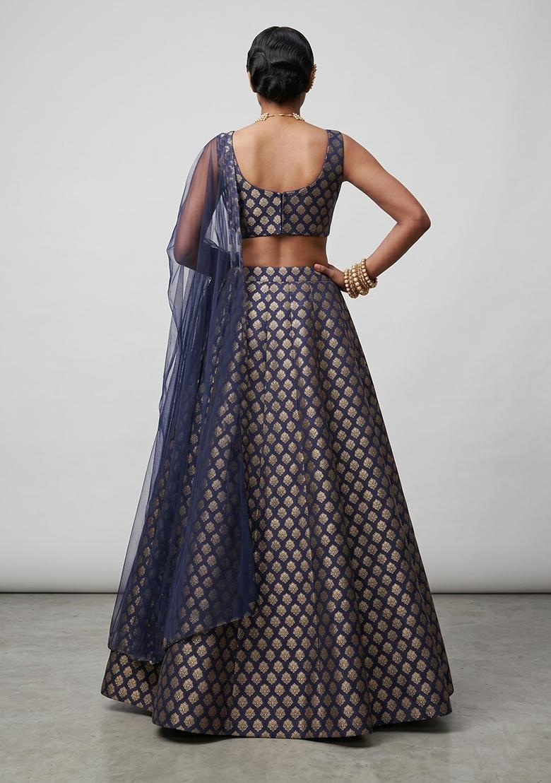 Navy Blue Silk Blend Lehenga Set - Indya