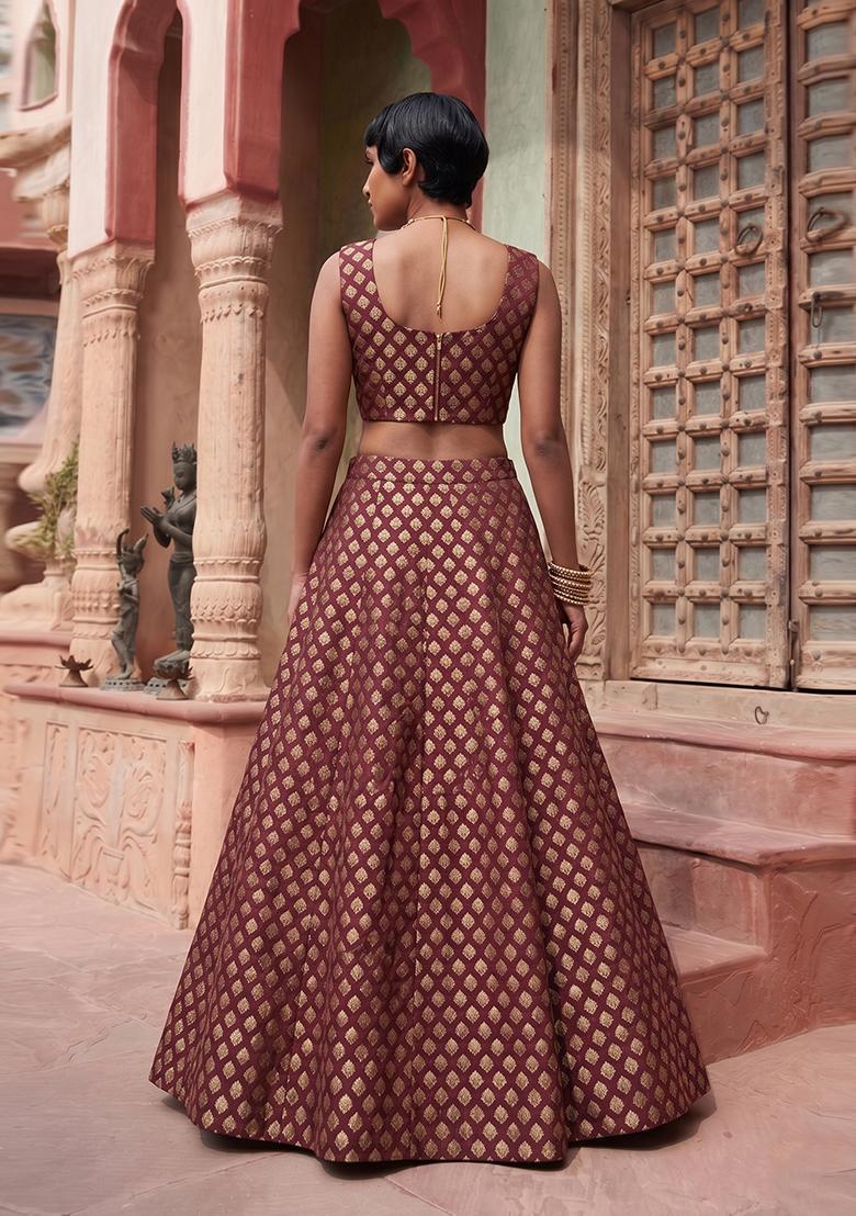 Maroon Silk Blend Lehenga Set - Indya
