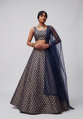 Navy Blue Silk Blend Lehenga Set