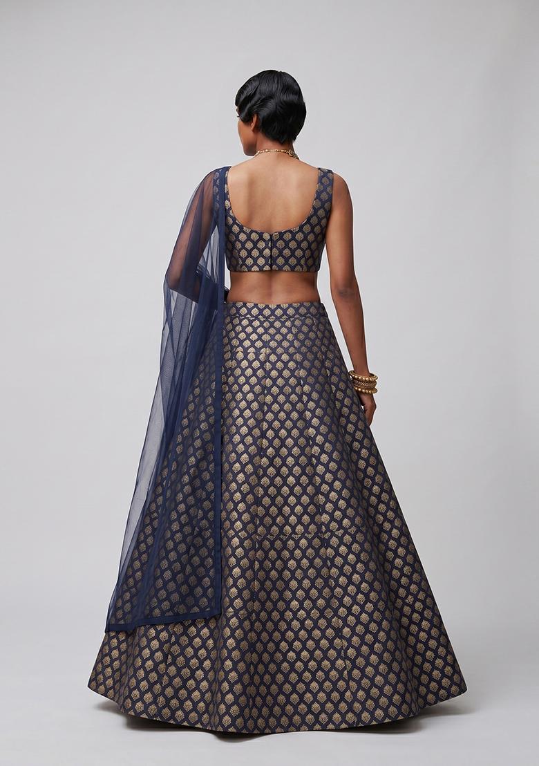 Navy Blue Silk Blend Lehenga Set - Indya