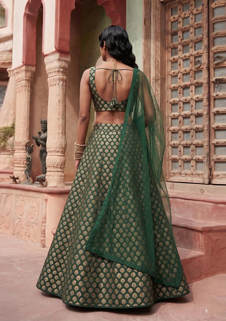 Bottle Green Silk Blend Lehenga Set - Indya