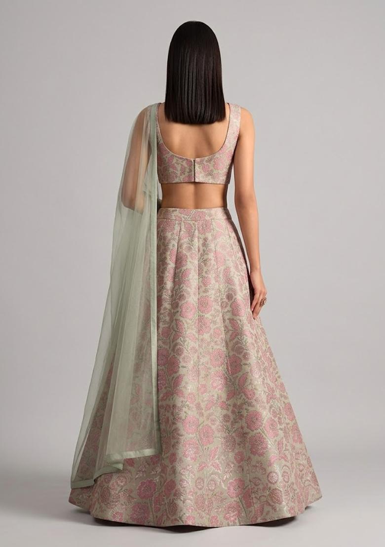 Sage Green Silk Blend Lehenga Set - Indya