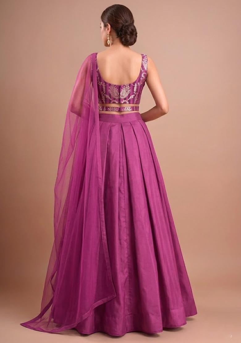 Magenta Zari Satin Lehenga Set - Indya