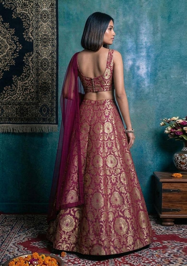 Deep Maroon Silk Blend Lehenga Set - Indya