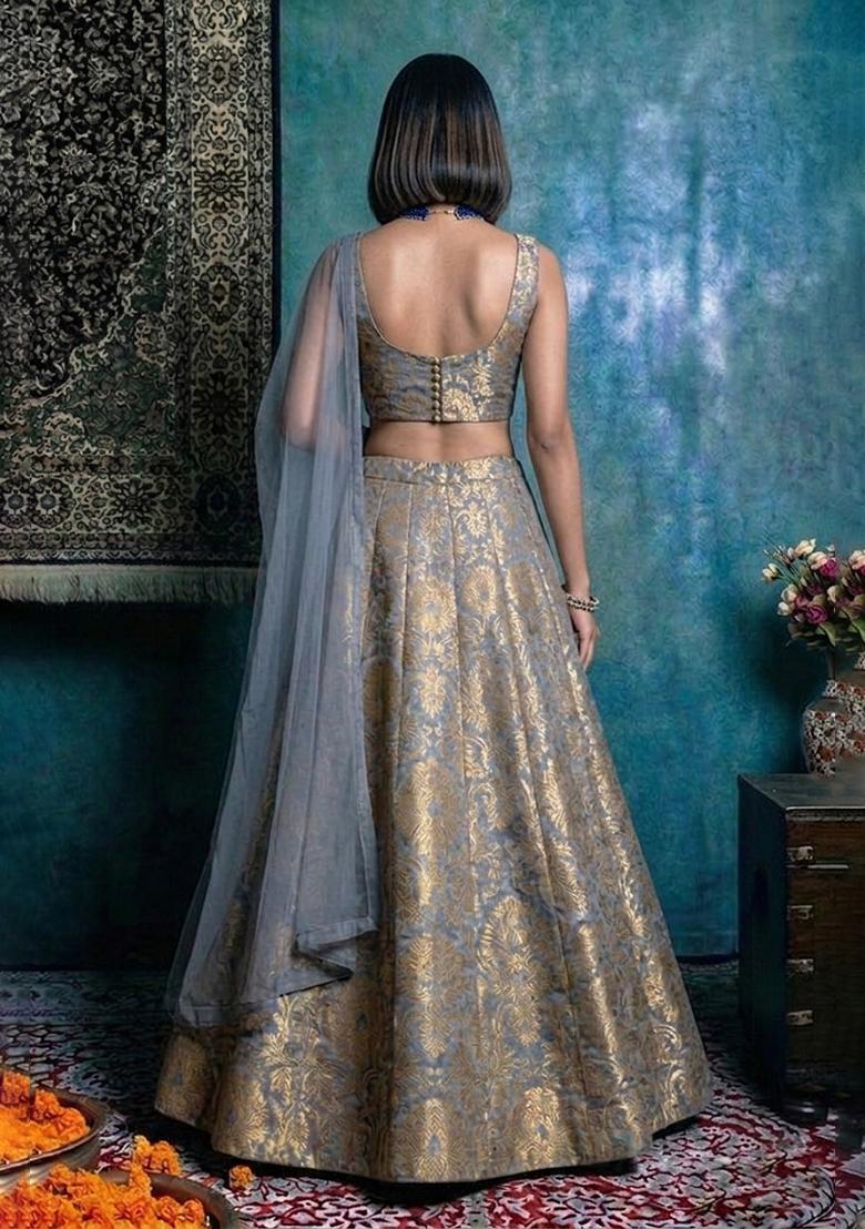 Metallic Grey Silk Blend Lehenga Set - Indya