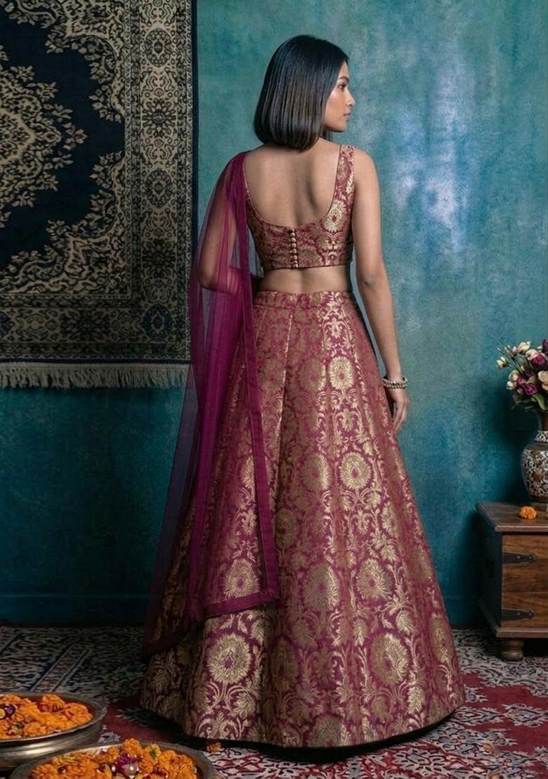 Magenta Silk Blend Lehenga Set - Indya