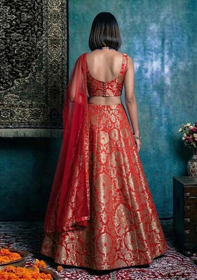 Crimson Red Silk Blend Lehenga Set - Indya