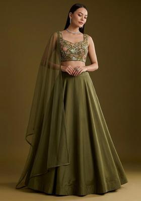 Olive Green Sequin Crepe Lehenga Set