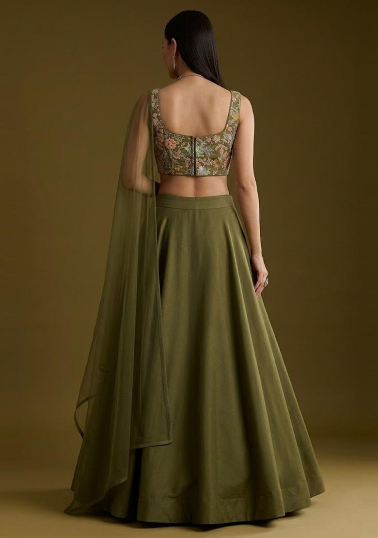 Olive Green Sequin Crepe Lehenga Set - Indya