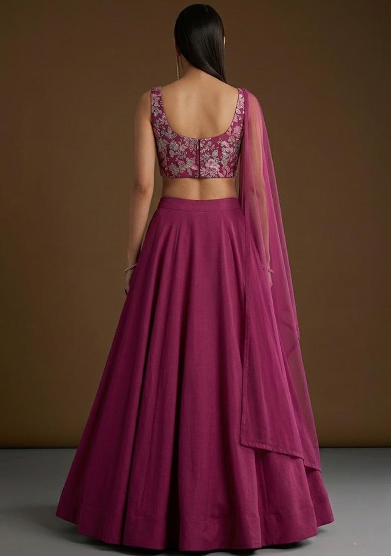 Magenta Sequin Crepe Lehenga Set - Indya
