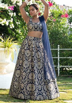Navy Blue Silk Blend Lehenga Set