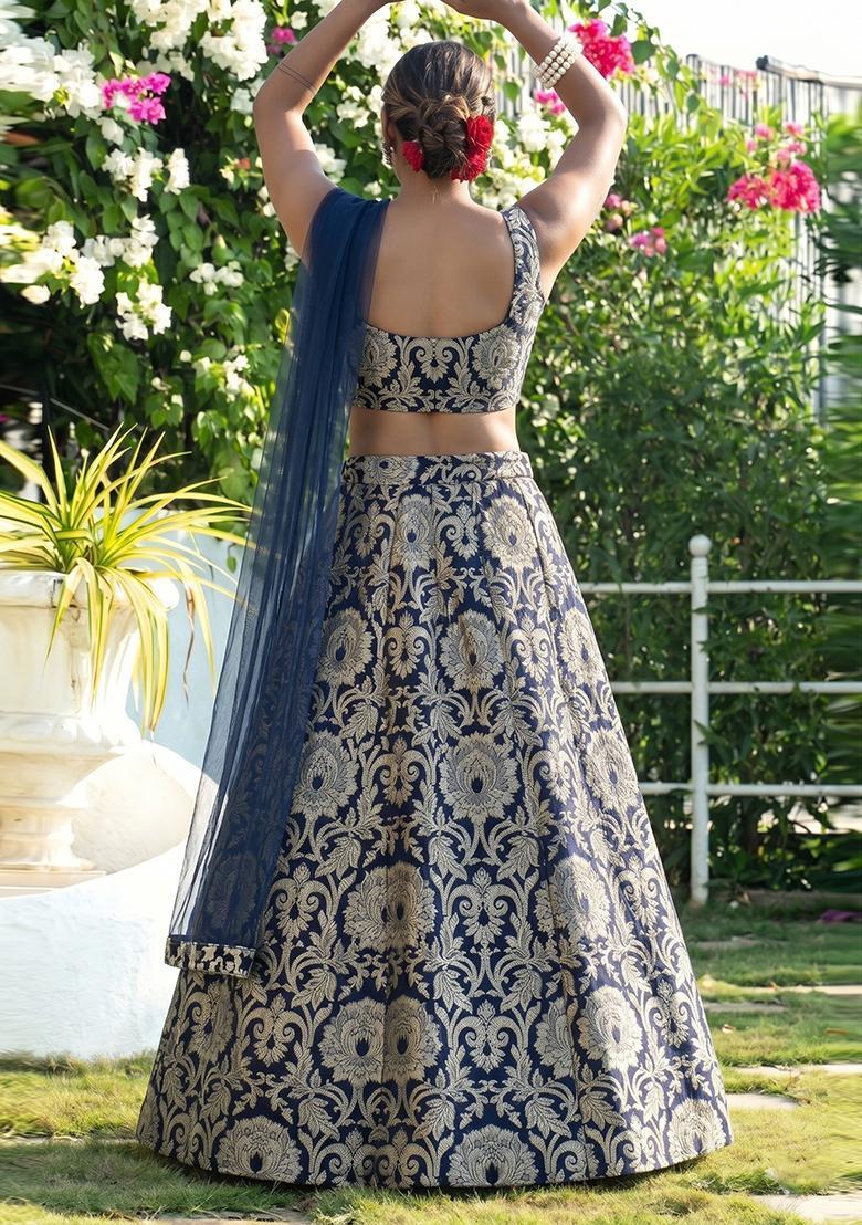 Navy Blue Silk Blend Lehenga Set - Indya