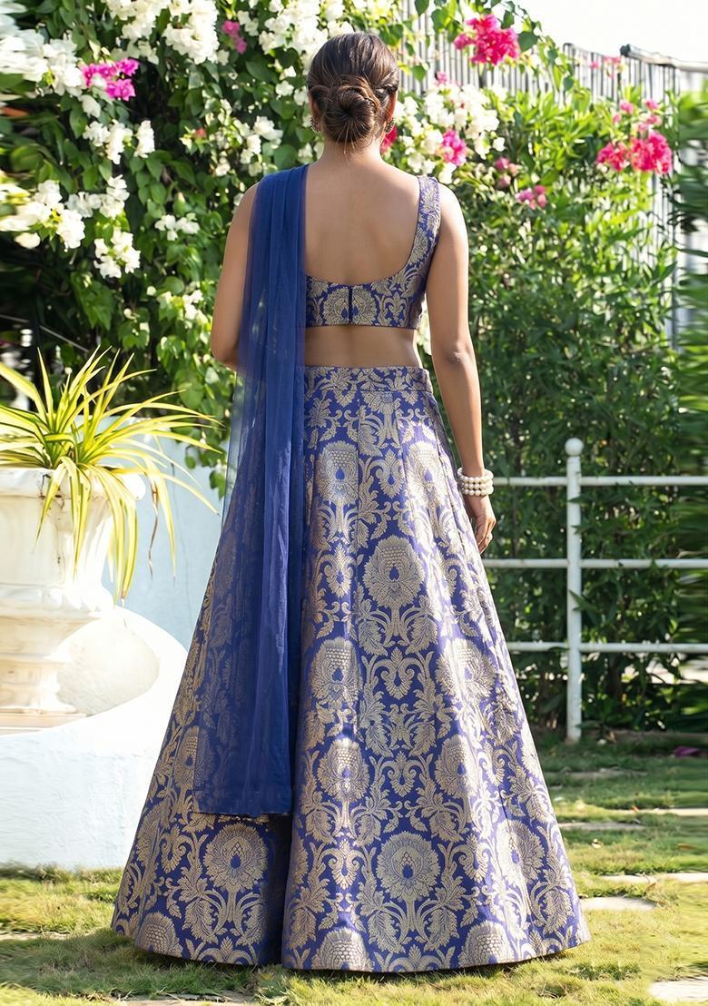 Royal Blue Silk Blend Lehenga Set - Indya