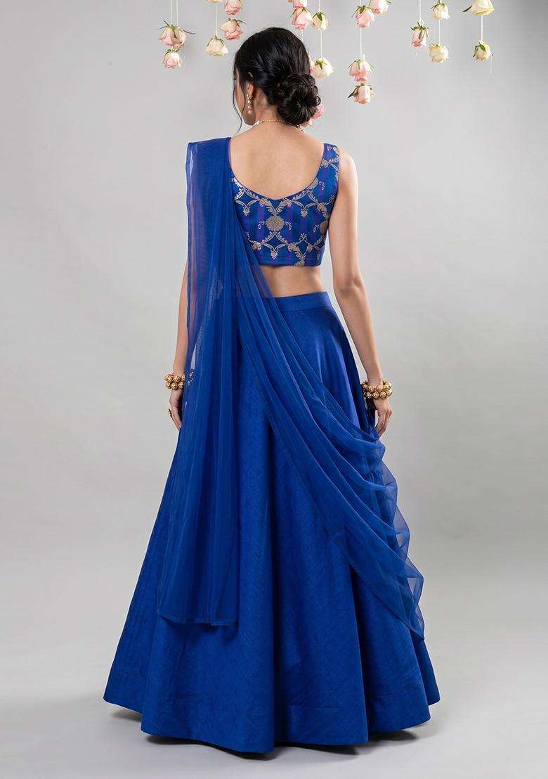 Royal Blue Zari Satin Lehenga Set - Indya