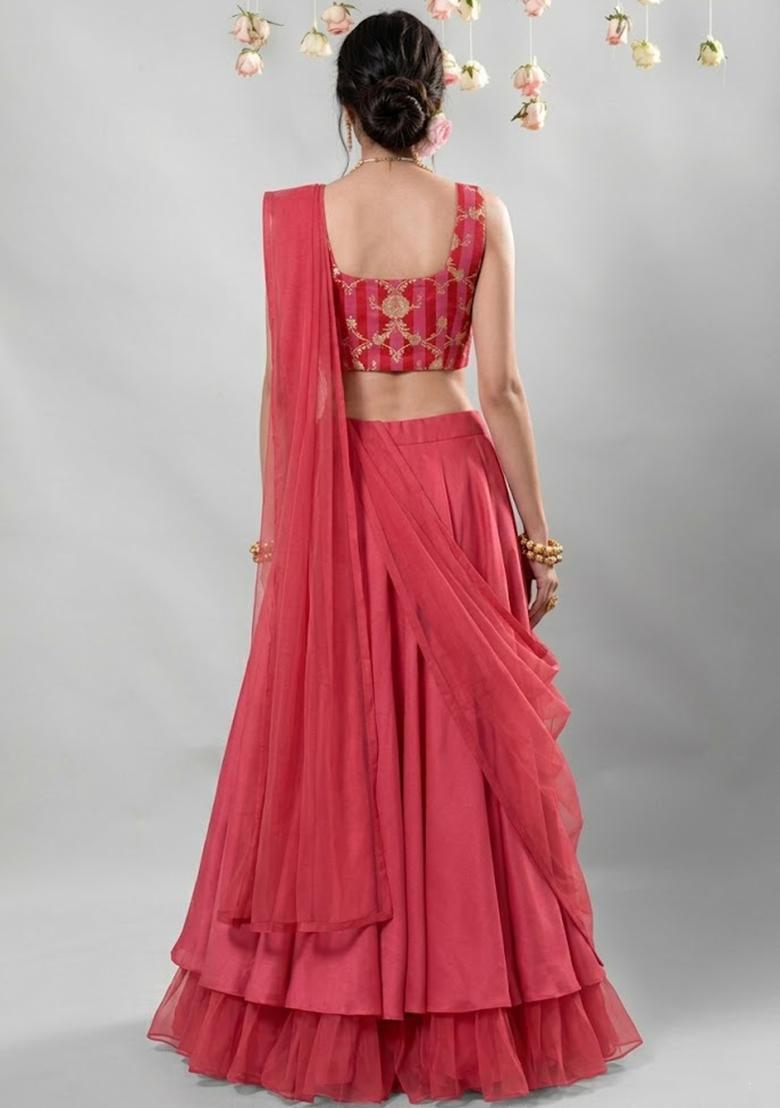 Pink Zari Satin Lehenga Set - Indya