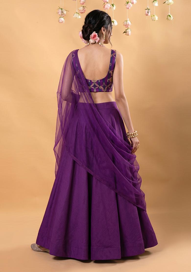 Deep Purple Zari Satin Lehenga Set - Indya