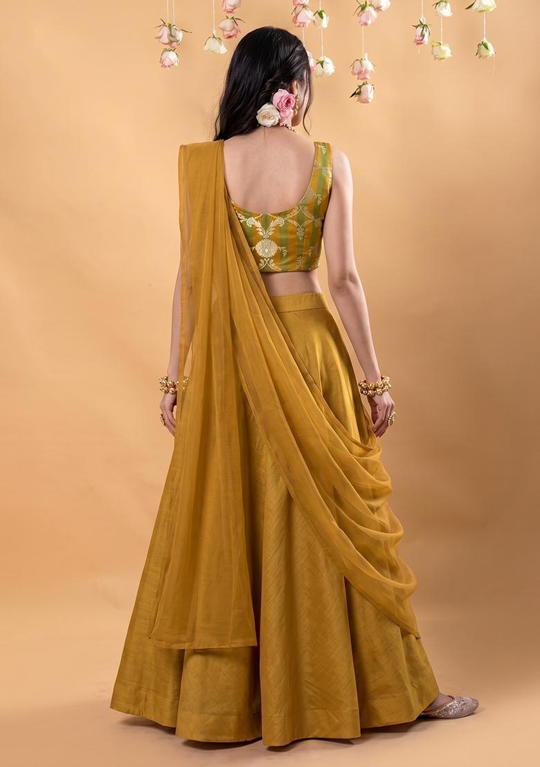 Mustard Zari Satin Lehenga Set - Indya