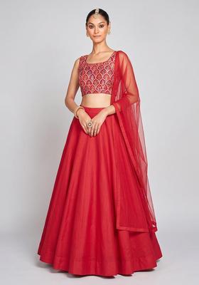 Red Zari Satin Lehenga Set