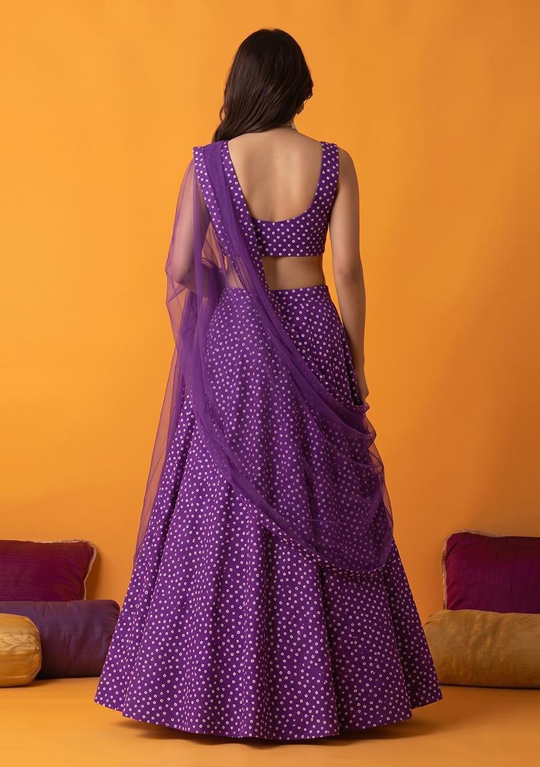 Deep Purple Printed Crepe Lehenga Set - Indya