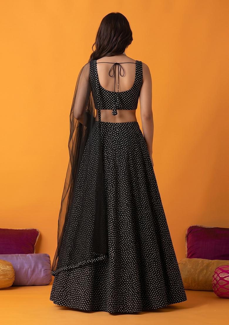 Black Printed Crepe Lehenga Set - Indya