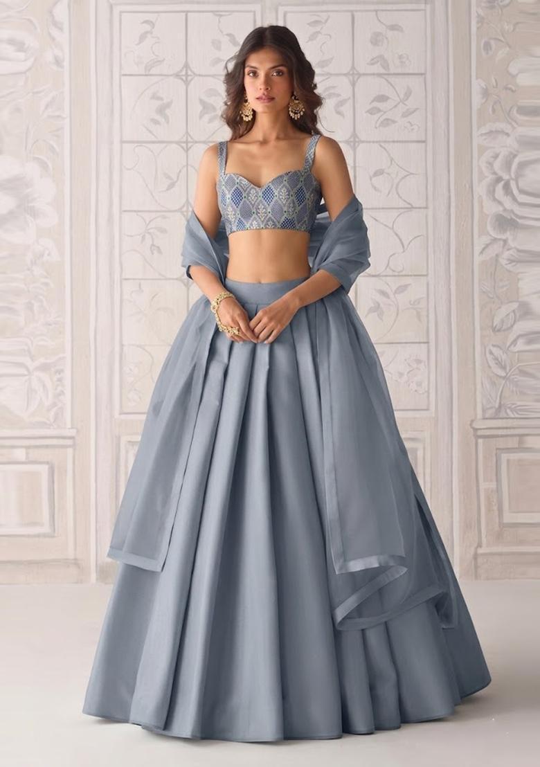 Steel Grey Silk Blend Lehenga Set - Indya
