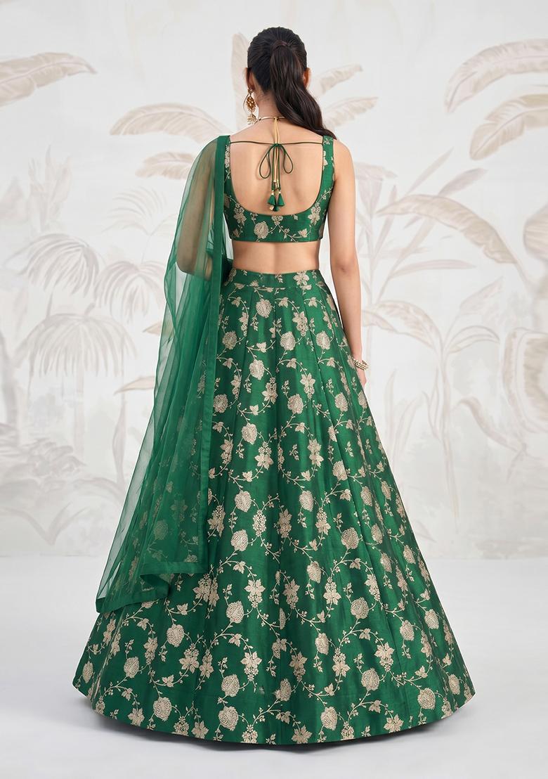 Emerald Green Silk Blend Lehenga Set - Indya