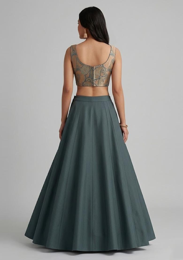 Slate Grey Printed Lehenga Set - Indya