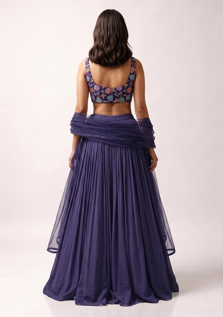 Deep Purple Printed Crepe Lehenga Set - Indya