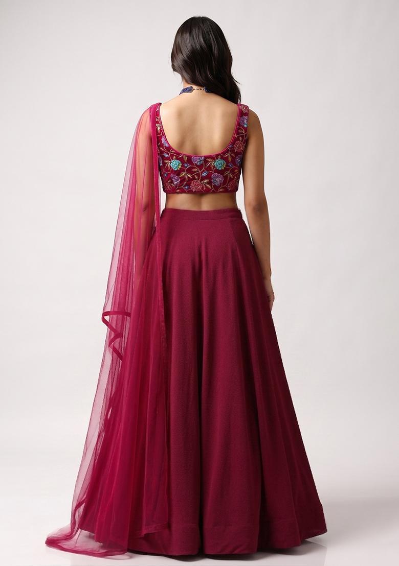 Magenta Printed Crepe Lehenga Set - Indya