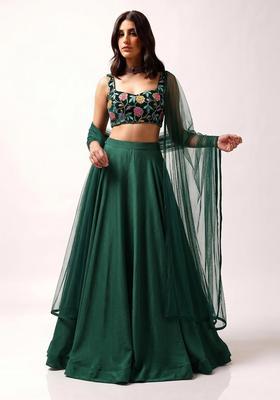 Bottle Green Printed Crepe Lehenga Set