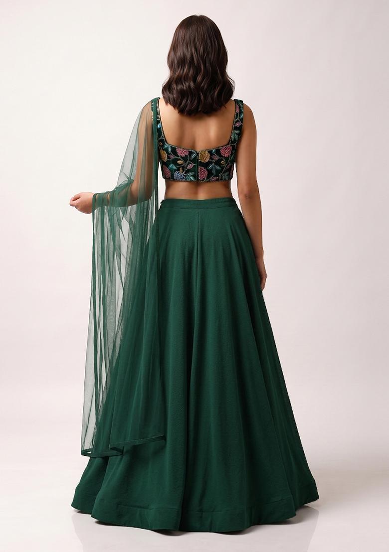 Bottle Green Printed Crepe Lehenga Set - Indya