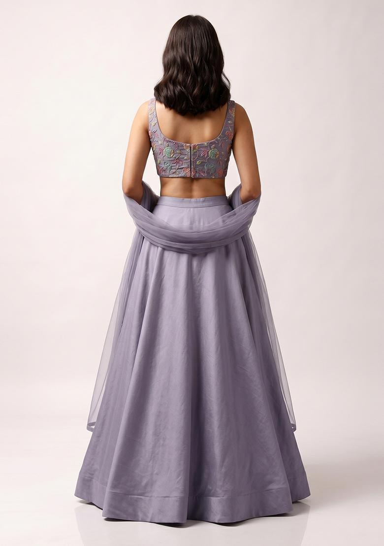 Lavender Printed Crepe Lehenga Set - Indya