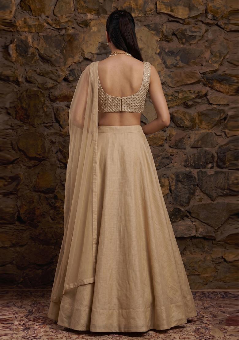 Beige Mirror Work Lehenga Set - Indya